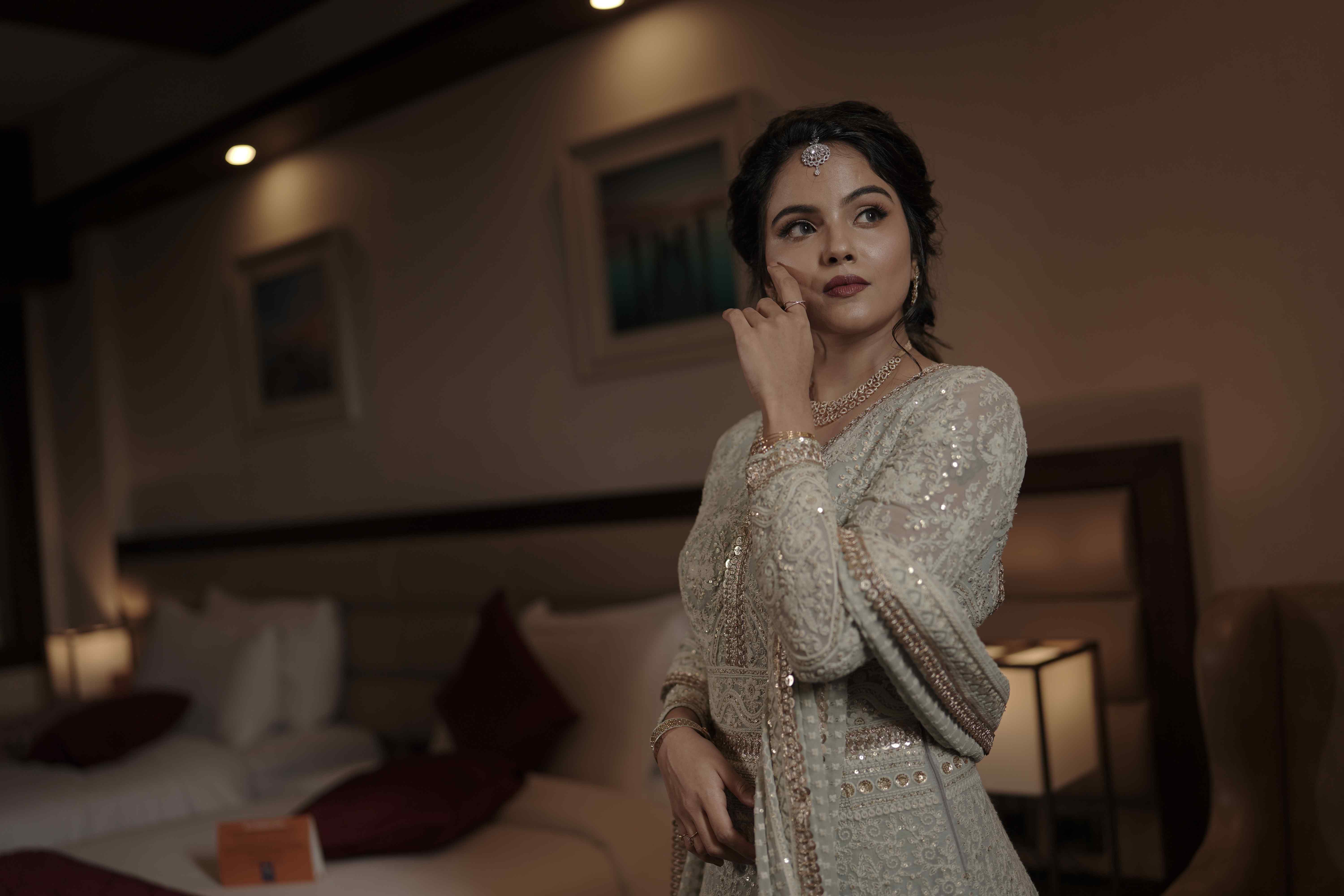 Silver Grey Bridal Anarkali gown with bottom and Dupatta